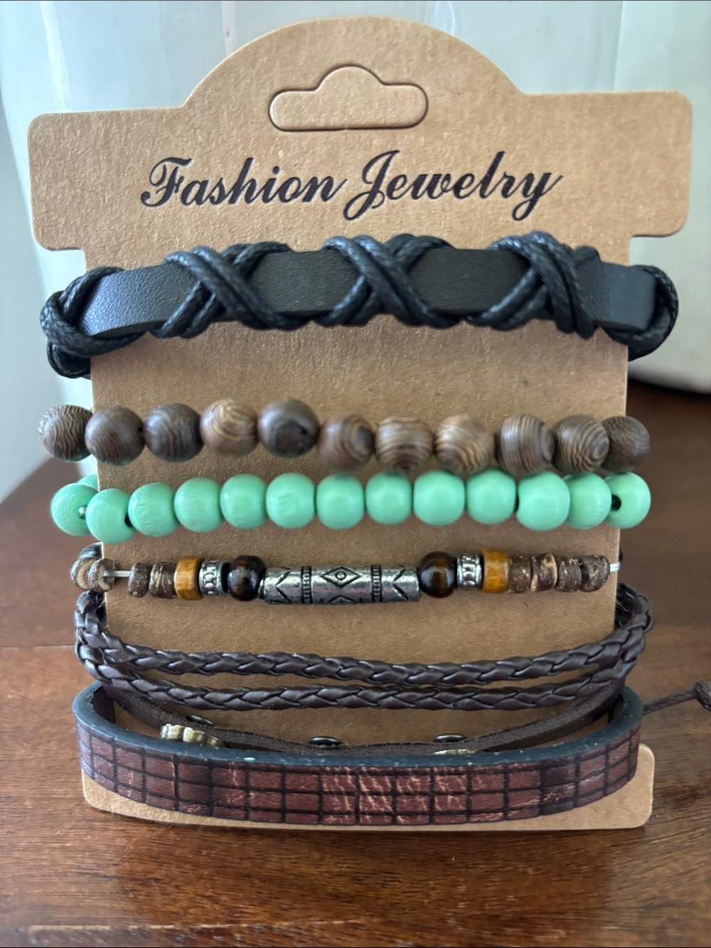 Buddha Wood & mint green beads,leather braids, 6 row, wrap, stackable,adjustable